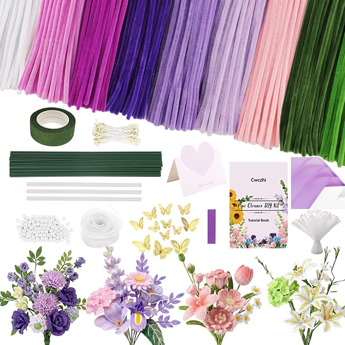 Cwczhi 600 PCS Pipe Cleaners Craft, 9 Colors Purple Pipe Cleaner Flower Kit | by Unknown