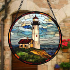 DASTOLL Stained Glass Window Hanging, Ocean Lighthouse Sun Catchers Glass Panel - Image 3