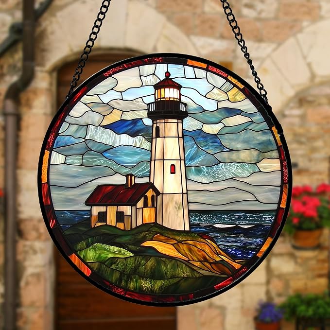 DASTOLL Stained Glass Window Hanging, Ocean Lighthouse Sun Catchers Glass Panel - Image 3