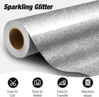 VinylRus Silver Glitter HTV Heat Transfer Vinyl Roll-12 x 10ft Silver - Image 2