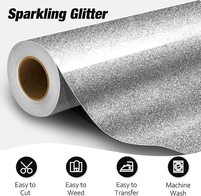 VinylRus Silver Glitter HTV Heat Transfer Vinyl Roll-12 x 10ft Silver - Image 2