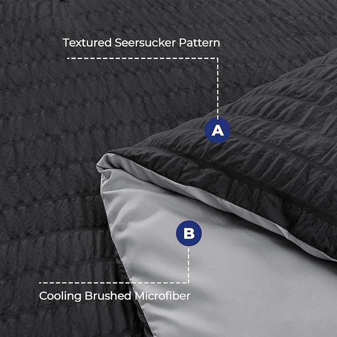 HYMOKEGE Black/Light Grey Duvet Cover Full Size, Ultra Soft 3-Piece Seersucker - Image 3