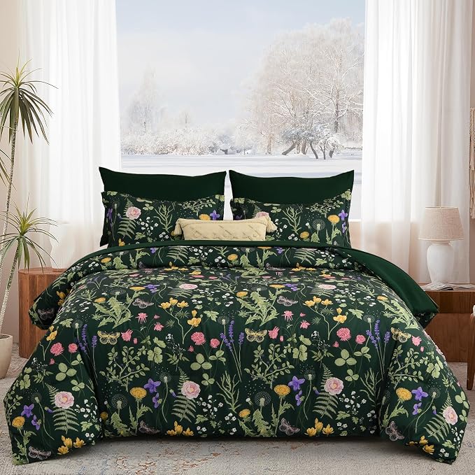 Yiran Queen Comforter Set 7 Piece, Dark Green Floral Bedding Set, Bed in a Bag - Image 8