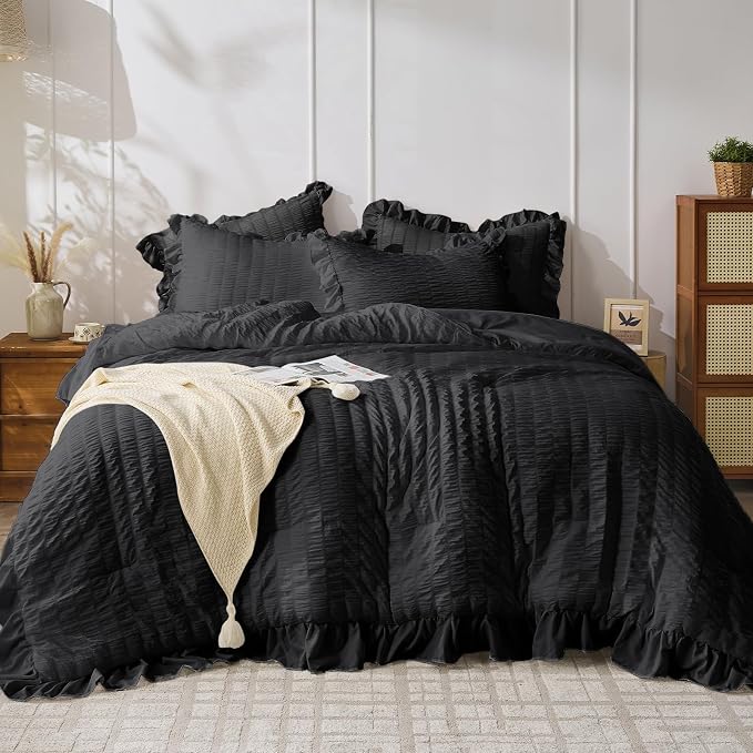 JOLLYVOGUE Black Queen Comforter Set, 3 Pieces Seersucker Comforters Queen Size by JOLLYVOGUE