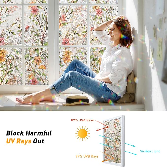 Kromapolis Window Privacy Film Floral Rainbow Decorative Stickers, 3D Static - Image 3