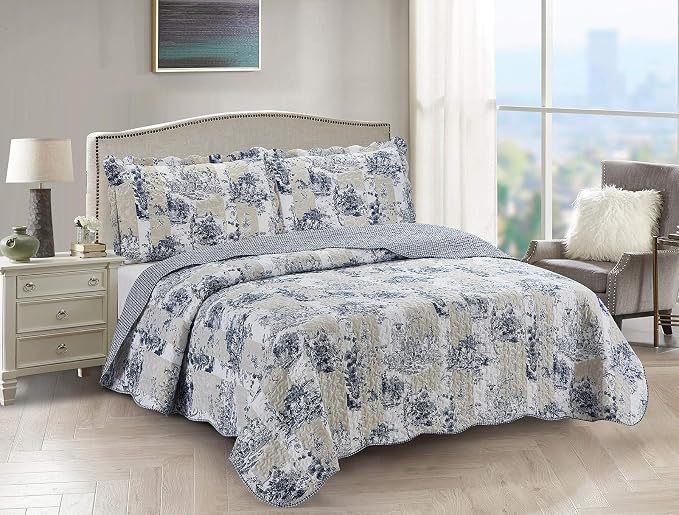 Brilliant Sunshine Blue Toile in Beige and Ivory Patches, 3-Piece Quilt Set by BrilliantSunshine