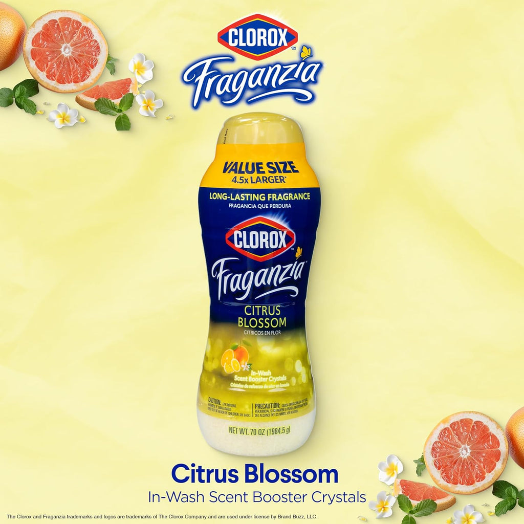 Clorox Fraganzia Laundry Scent Booster Crystals in Citrus Blossom Scent - Scented In-Wash Freshener Beads for Fresh, Clean, Great Smelling Clothes and Linens, 70 Oz