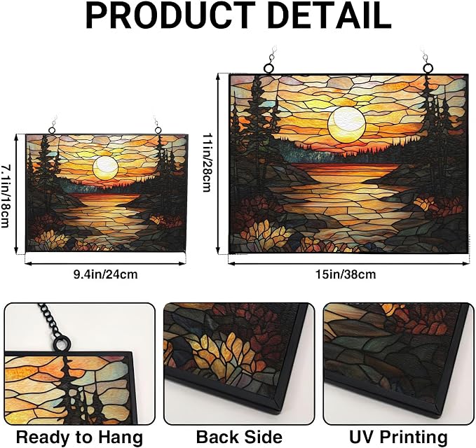 Rectangle Vintage Sunset in The Forest Stained Glass Window Hanging, Suncatcher - Image 3
