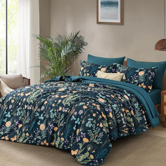 Yiran Comforter Set Queen Size, 7 Piece Peacock Blue Floral Comforters - Image 2