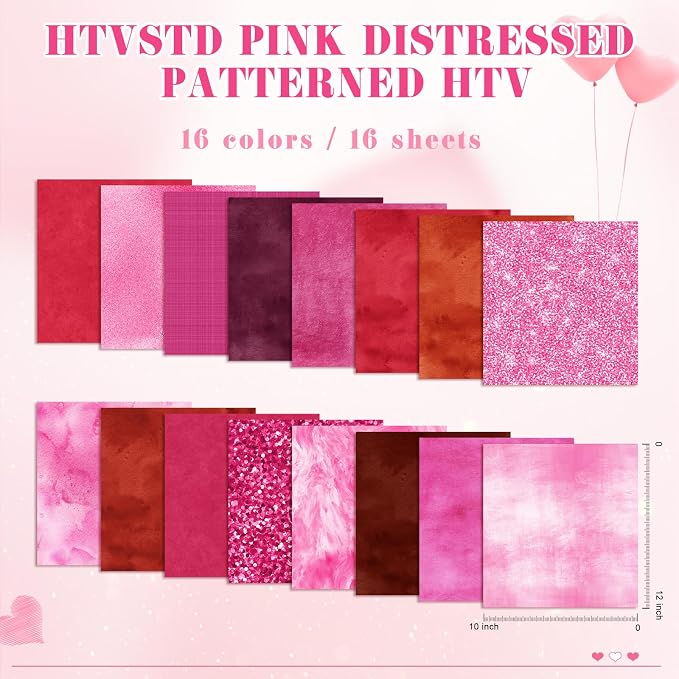 HTVSTD Valentines Pink Red HTV Heat Transfer Vinyl 16pcs 12×10in | Pink Red - Image 2