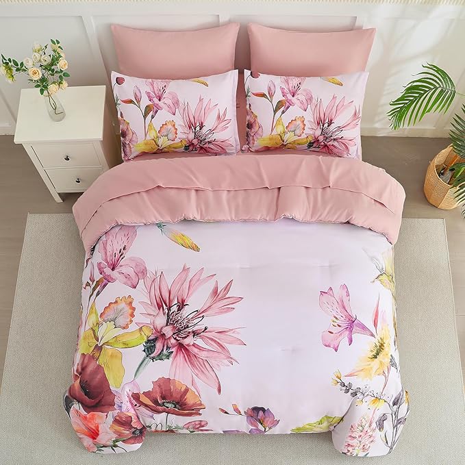 Yogeneg Queen Comforter Set 7 Piece Bed in a Bag, Elegant Floral Botanical - Image 3