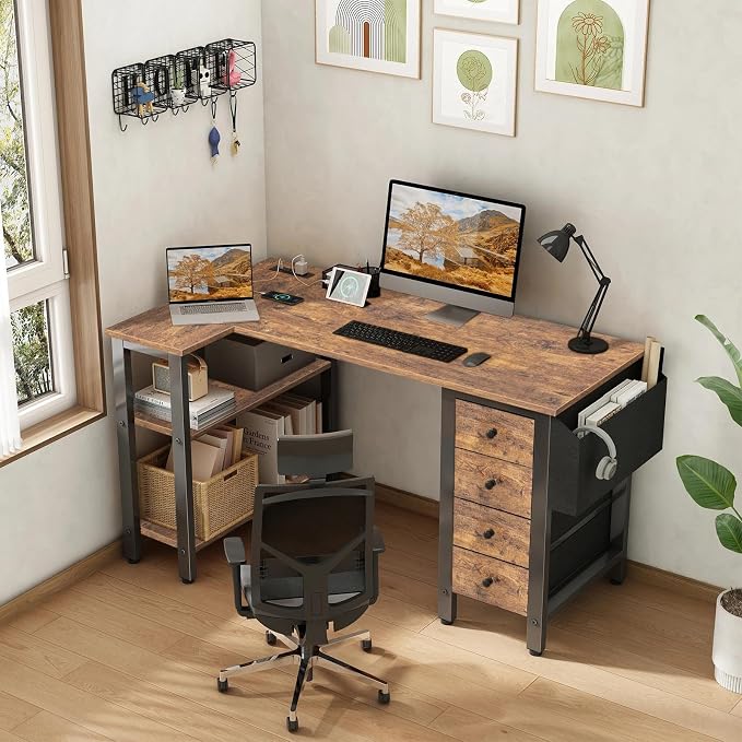 Lufeiya L Shaped Desk with Drawers & Storage Shelves, 47 Inch Small Reversible - Image 2