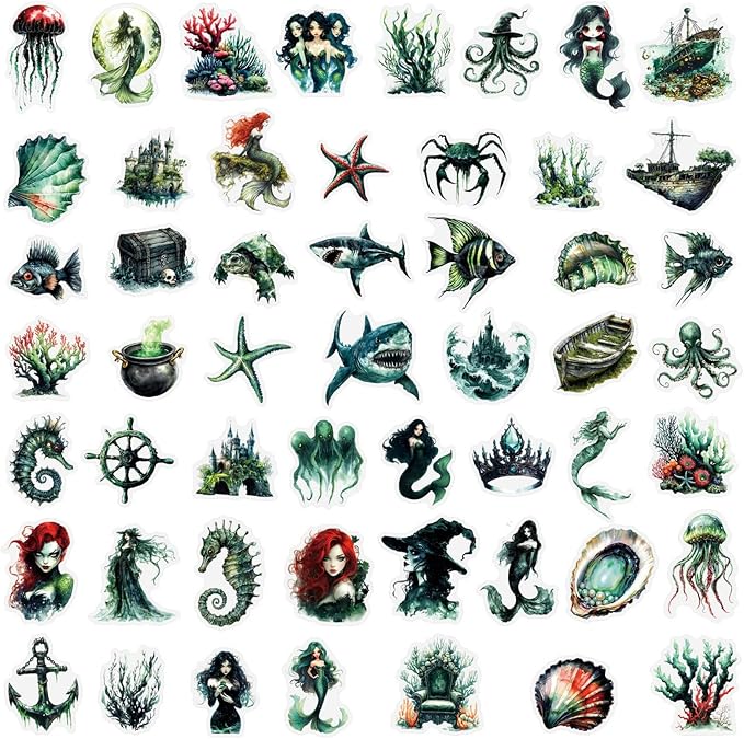 50 Pcs Dark Mermaid Stickers, Retro Style Seabed Deals, Self-Adhesive - Image 2