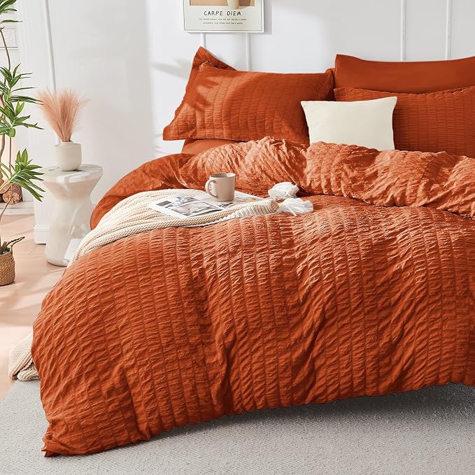 HYMOKEGE Burnt Orange Twin Comforter Set Seersucker 5 Pieces, All Season Luxury - Image 2