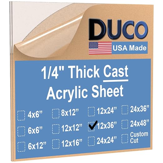 Duco Clear Cast Acrylic Sheets 1/4" Thick 12" x 36" by DucoPlasticsSupply