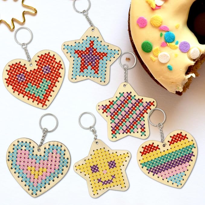 VKPI Wooden Cross Stitch Kits for Kids, Make Your Own 6 Cross Stitching Keyrings - Image 5