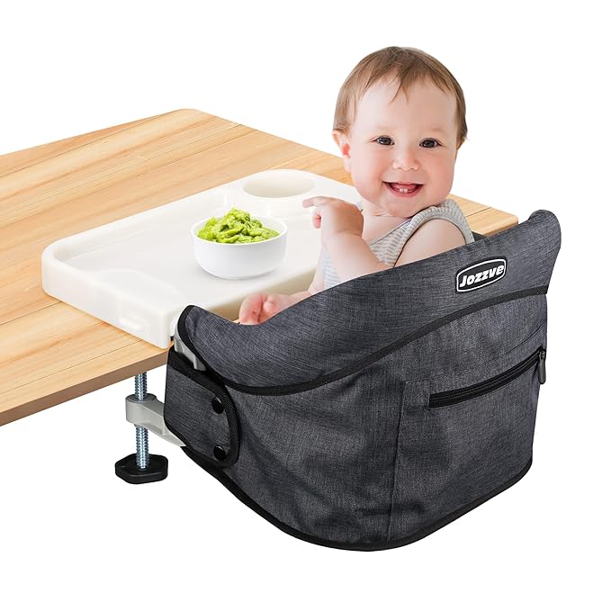 Hook On High Chair, Jozzve Clip on High Chair with Removable Dining Tray for Babies and Toddlers, Fold-Flat Storage Portable Baby Feeding Seat, Attach to Fast Table Chair for Home Travel (Black)