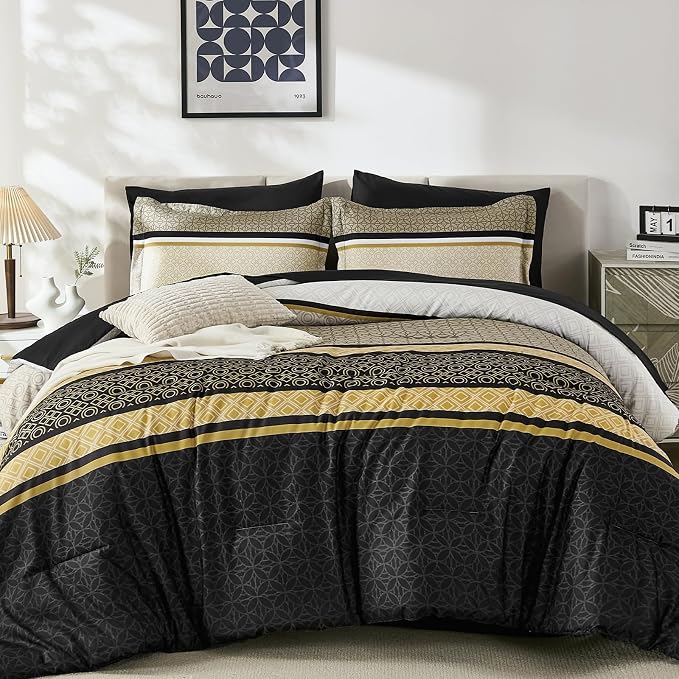 WONGS BEDDING Yellow Black Queen Comforter Set 7 Pieces, Boho Striped Bed in a - Image 2