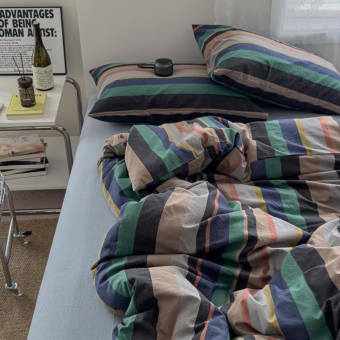 mixinni Vintage Striped Duvet Cover Full 100% Washed Cotton Bedding Set Retro - Image 8