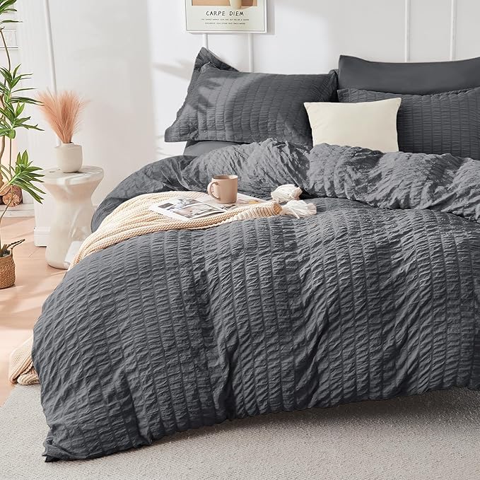 HYMOKEGE Dark Grey Duvet Cover Queen Size, Ultra Soft 3-Piece Seersucker Duvet by HYMOKEGE