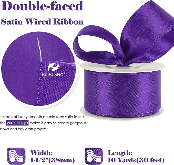 HUIHUANG Purple Satin Wired Ribbon 1-1/2 inch Dark Purple Wire Edge Ribbon - Image 2