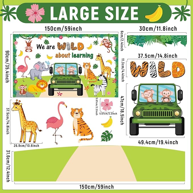 72PCS We Are Wild About Learning Bulletin Board Set Jungle Animals Truck - Image 2