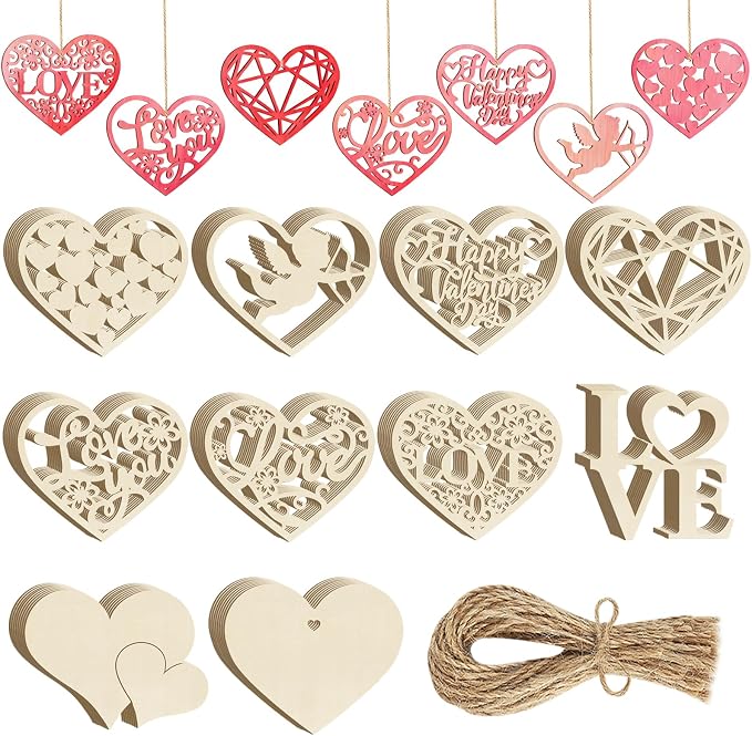 80PCS Wooden Heart Ornaments to Paint Valentine's Day Craft, 10 Styles DIY by Sophena