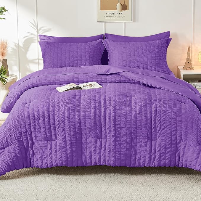 HYMOKEGE Bright Purple Queen Comforter Set Seersucker 7 Pieces, All Season - Image 8
