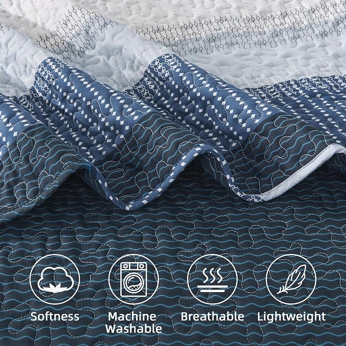 Andency Navy Blue Striped Quilt Queen, 3 Pieces Patchwork Bedspread Coverlet Set - Image 7