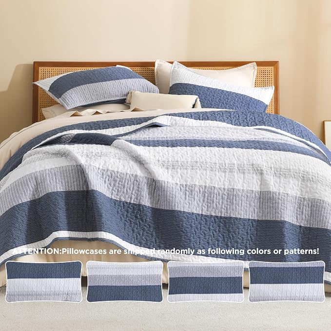 Litanika Quilt Queen Size Mineral Blue, Stripe Patchwork Summer Bedspread - Image 5