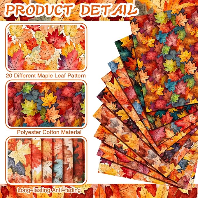 HunnmingRe 20 Pcs 10''x10'' Fall Maple Leaves Quilting Fabric Square Autumn - Image 3
