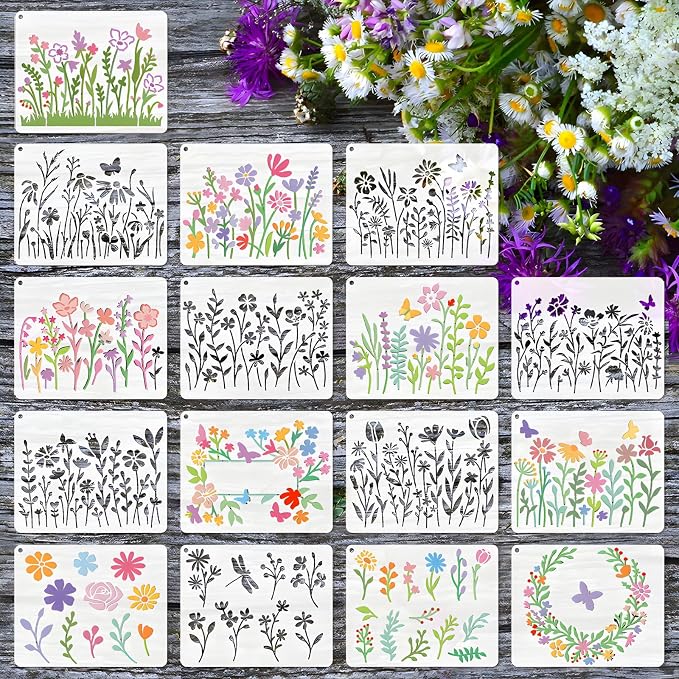 16 Pieces Wildflower Stencils for Painting on Wood, Reusable Flower Paint by Felixcraft-DIYDreamscape