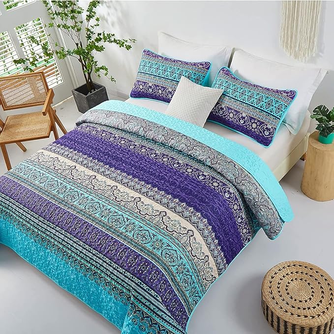 WONGS BEDDING Boho Quilt Twin Size, 2 Pieces Purple Blue Bohemian Lightweight - Image 3