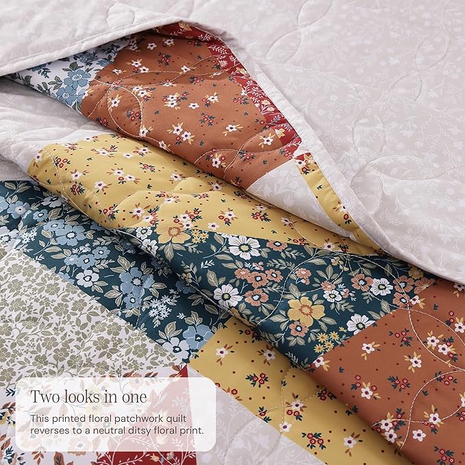 BLOOMHAVEN Quilt Set Twin Size, Patchwork Burnt Orange Floral Quilt Sets - Image 3