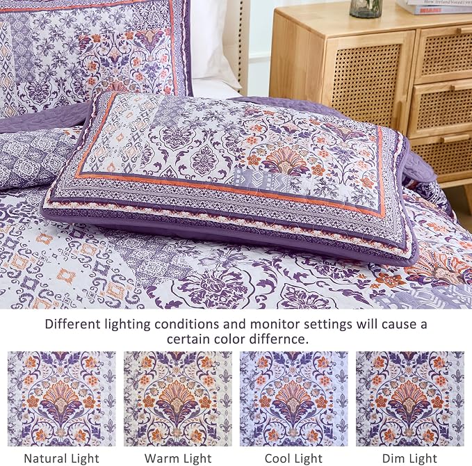 WONGS BEDDING Purle Quilt Set King Size, 3 Pieces Boho Patchwork Bedspread - Image 5