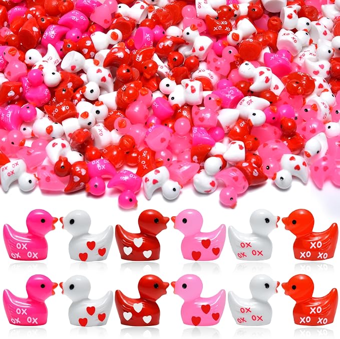 150 Pcs Valentine's Day Resin Mini Ducks Red Pink White Heart Valentines Day by Unknown