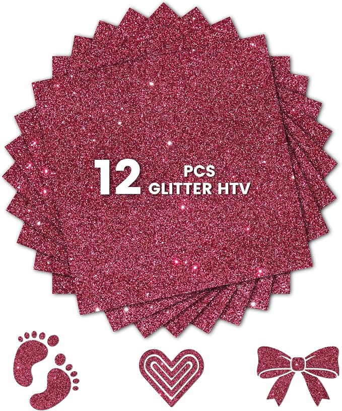 Glitter HTV Heat Transfer Vinyl, Hot Pink 12pcs 12" x 10" Iron-on Vinyl | Iron by Unknown