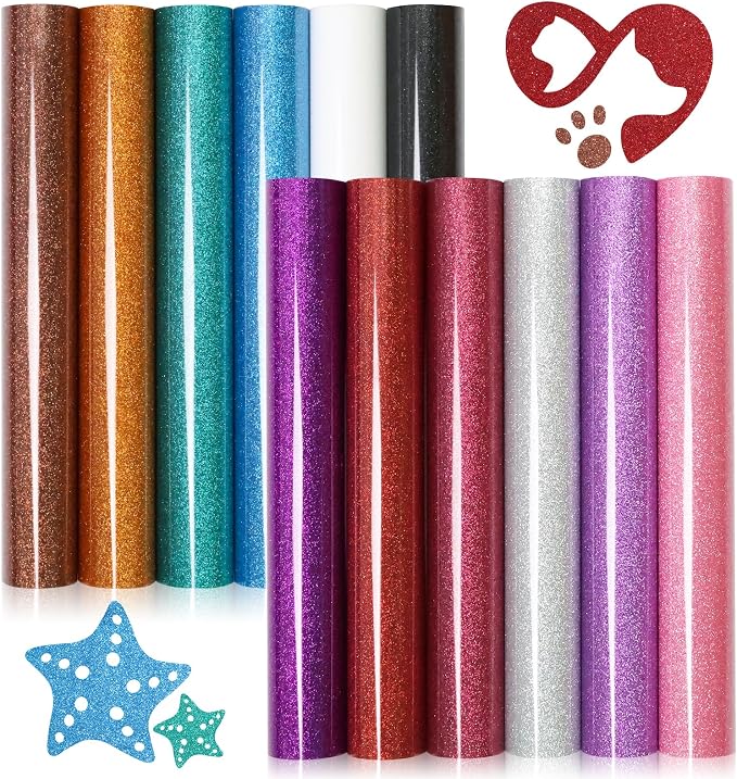 DUEUIOE Glitter Heat Transfer Vinyl 12 Pack 12x10 Inch Easy Cut Glitter HTV by Unknown