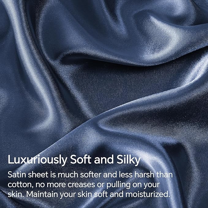 BEDELITE Satin Sheets Queen Size Bed Set, Luxury Soft Navy Silky Sheets - Image 3
