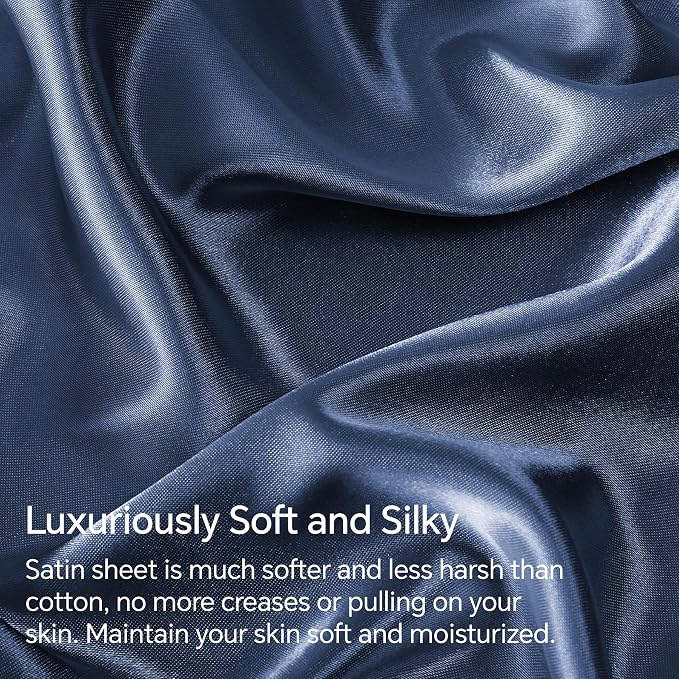 BEDELITE California King Sheets Set, Luxury Soft Navy Satin Sheets - Image 3
