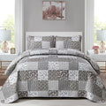 Mybedsoul Grey Boho Quilt Set King Size, 3 Pieces Plaid Floral Bedspread by Mybedsoul