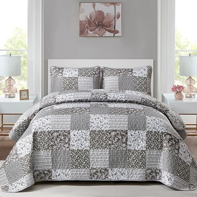Mybedsoul Grey Boho Quilt Set Queen Size, 3 Pieces Plaid Floral Bedspread by Mybedsoul