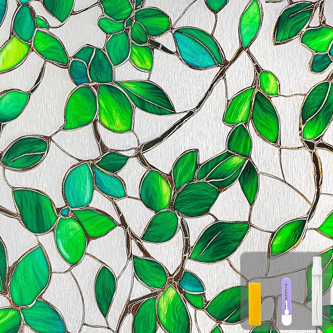 Countewol Greenery Leaf Static Cling Window Film Frosted Stained Glass Privacy by Countewolwindowfilm