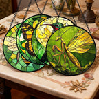 DASTOLL Stained Glass Window Hanging 4 Pcs Set Green Plants Yellow Insect Theme - Image 2