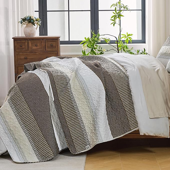 Andency Queen Quilt Bedding Set Mocha Brown, 3 Pieces Patchwork Summer Striped - Image 2