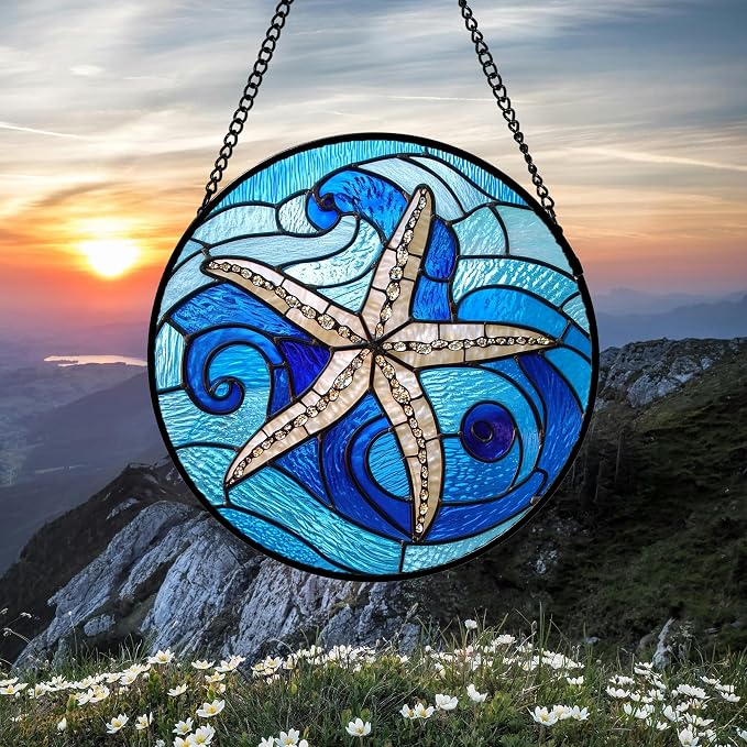 DASTOLL Stained Glass Window Hanging 4 Pcs Set Blue Ocean Waves Large 11.8" - Image 3