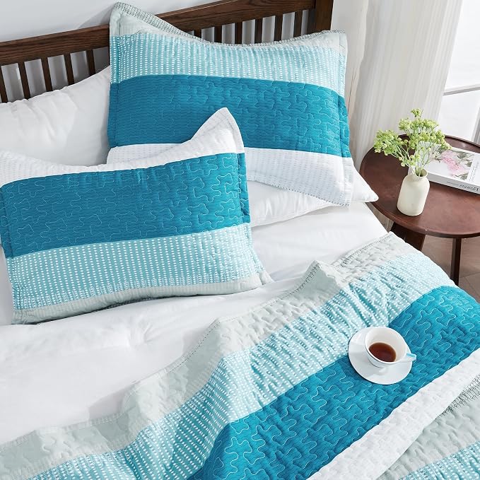 Andency Teal White Quilt Queen, 3 Pieces Patchwork Bedspread Coverlet Set - Image 3