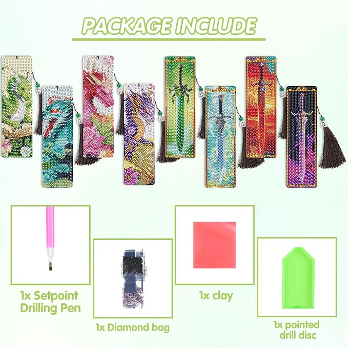 8 Pcs Dragon Sword Diamond Art Bookmarks Kit, Fantasy Diamond Painting Book - Image 2