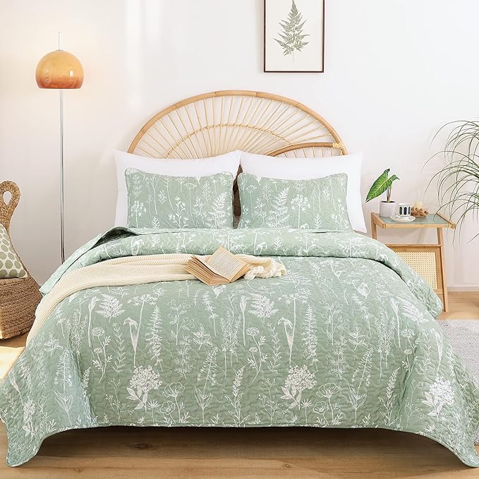 JANZAA Quilts Queen Size Sage Green Quilt Botanical - Image 5