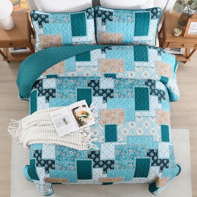 Xruibed Teal Quilt Set Queen Size 3 Pieces Plaid Floral Boho Bedspread Coverlet - Image 4